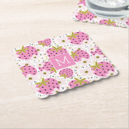 Porta-copo De Papel Monograma Personalizado de Morangos Rosa