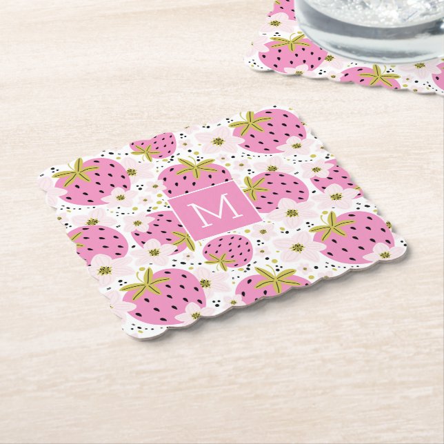 Porta-copo De Papel Monograma Personalizado de Morangos Rosa (Angular)