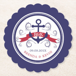 Porta-copo De Papel Monogramas de casamento náuticos da âncora vermelh