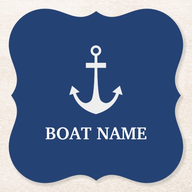 Porta-copo De Papel Nome do Barco de Âncora Náutica Azul (Frente)