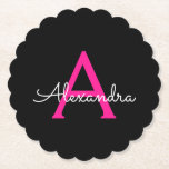 Porta-copo De Papel Nome do Monograma Girly Black Script Hot-Pink<br><div class="desc">Portas copos de papel de nome de monograma de script simples preto e rosa quente. Isso faz a formatura perfeita,  aniversário,  casamento,  chá de panela,  aniversário,  chá de fraldas ou presente de festa de solteira para alguém que ama luxo de vidro e estilos quíticos.</div>