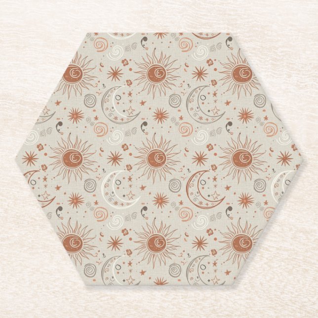 Porta-copo De Papel Padrão Boho Sol e Lua (Frente)