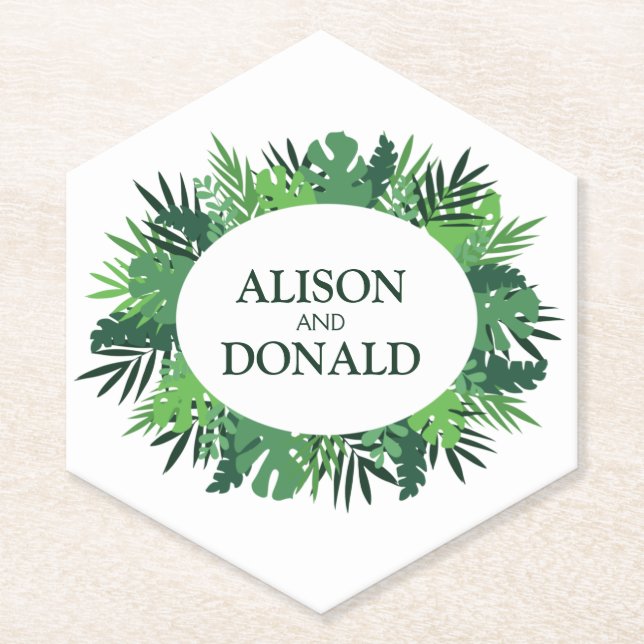 Porta-copo De Papel Palmeira verde deixa nomes de casamento (Frente)