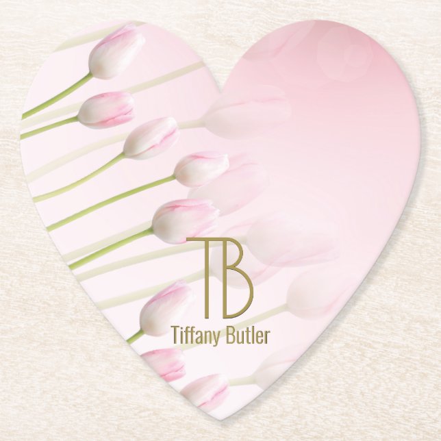 Porta-copo De Papel Partido Moderno Elegante Monograma Pó Tulipas Rosa (Frente)