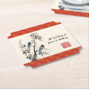 Porta-copo De Papel Pássaro de flor vermelha casamento chinês oriental