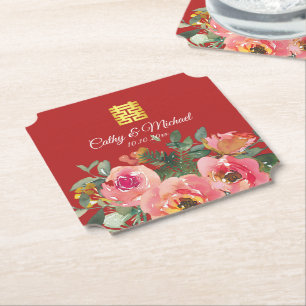 Porta-copo De Papel Peônia floral dupla felicidade casamento chinês ve