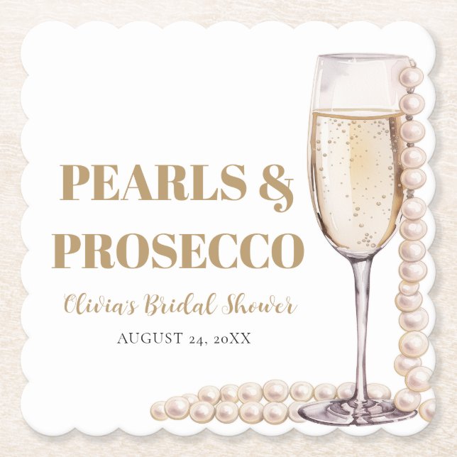 Porta-copo De Papel Pérolas Douradas Elegantes e Chá de Bebê Prosecco (Frente)