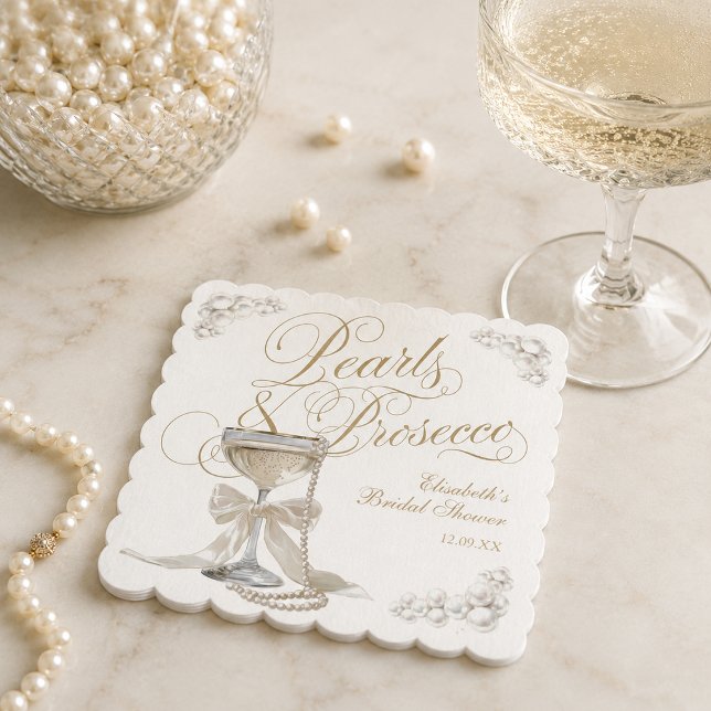 Porta-copo De Papel Pérolas e Prosecco Laço Branco Chá de Noiva (Pearls and Prosecco White Bow Bridal Shower Paper Coaster)