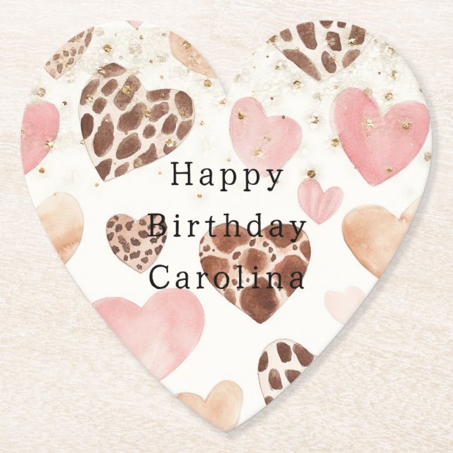 Porta-copo De Papel Pink Cream Animal Hearts Gold Sparkle Birthday (Frente)