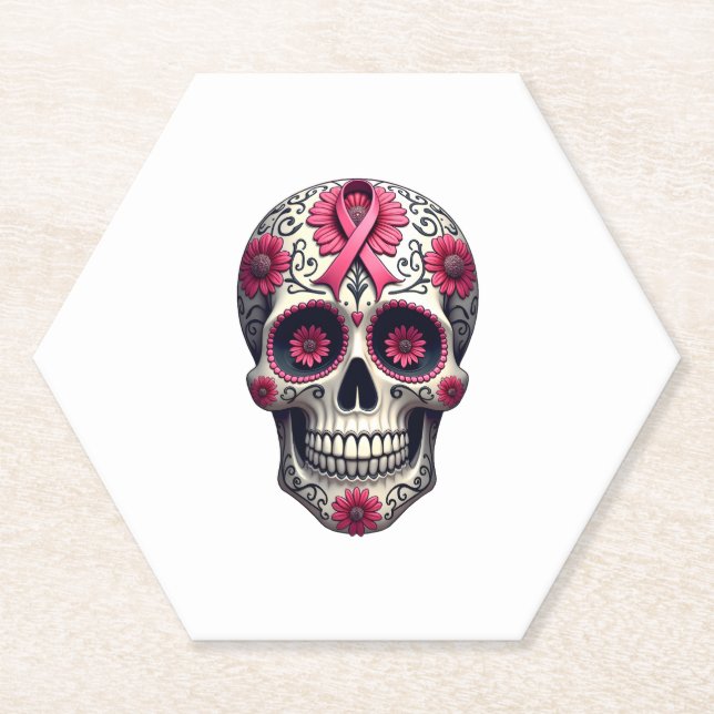 Porta-copo De Papel Pink Ribbon Sugar Skull Calavera Breast Cancer Awa (Frente)
