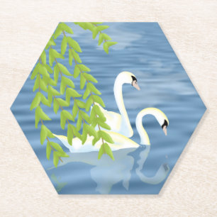 Porta-copo De Papel Pintando o par de Cisnes Azuis e Verdes no lago