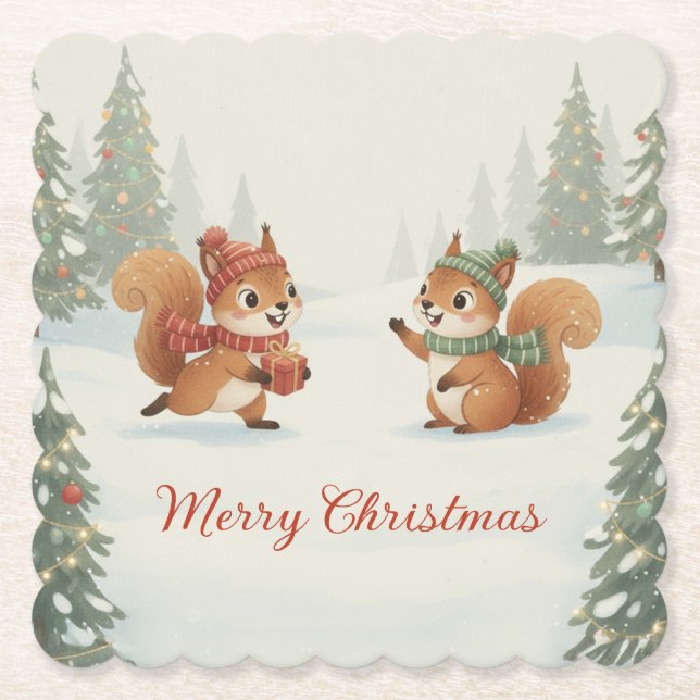 Porta-copo De Papel Playful Squirrels in Christmas Winter Forest (Frente)