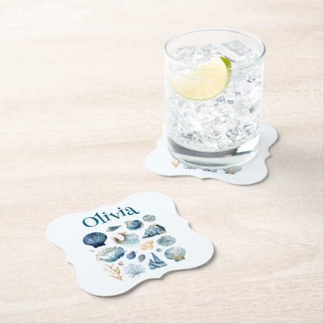 Porta-copo De Papel Protetor de copo Blue Seashell – Nome Personalizad (Insitu)
