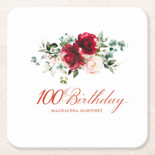 Porta-copo De Papel Quadrado 100ª Festa de aniversário Vermelha Cor-de-rosa, pe