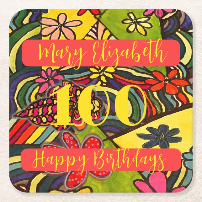 Porta-copo De Papel Quadrado 100 Aniversário Floral (Frente)
