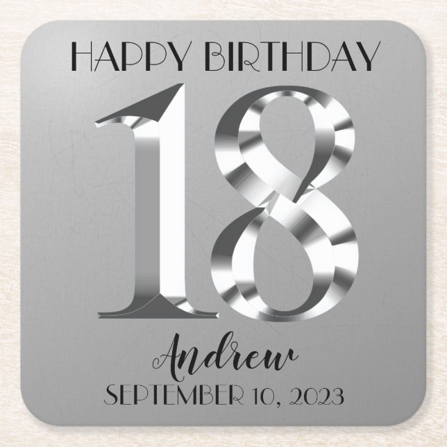 Porta-copo De Papel Quadrado 18 anos de Prata Metálica (Frente)