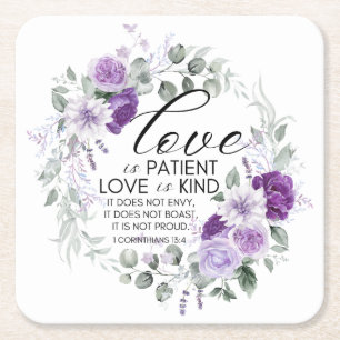 Porta-copo De Papel Quadrado 1 Coríntios 13:4 Amor é Paciente Flor Violeta