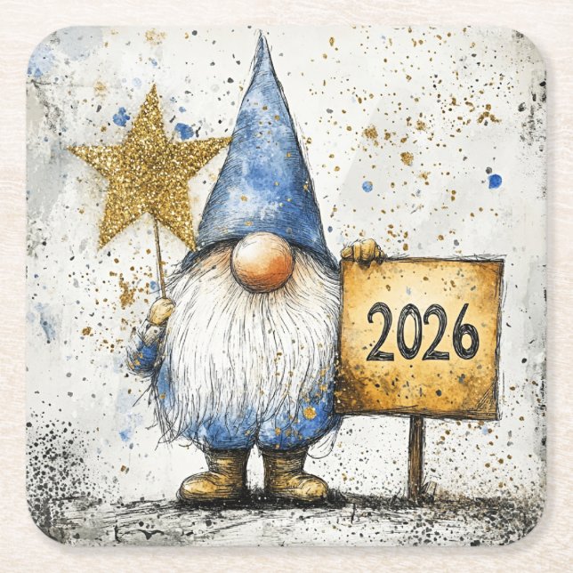 Porta-copo De Papel Quadrado 2026, Happy New Year, gnome, (Frente)