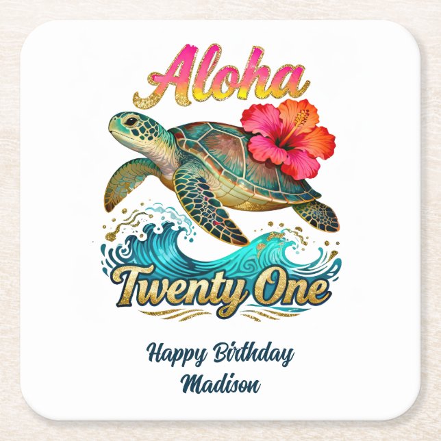 Porta-copo De Papel Quadrado  21st Birthday Personalized Tropical Ocean Theme (Frente)
