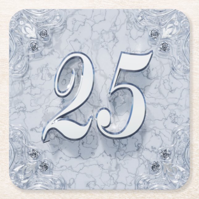 Porta-copo De Papel Quadrado 25 Birthday ou Aniversário Regel Silver Marble (Frente)