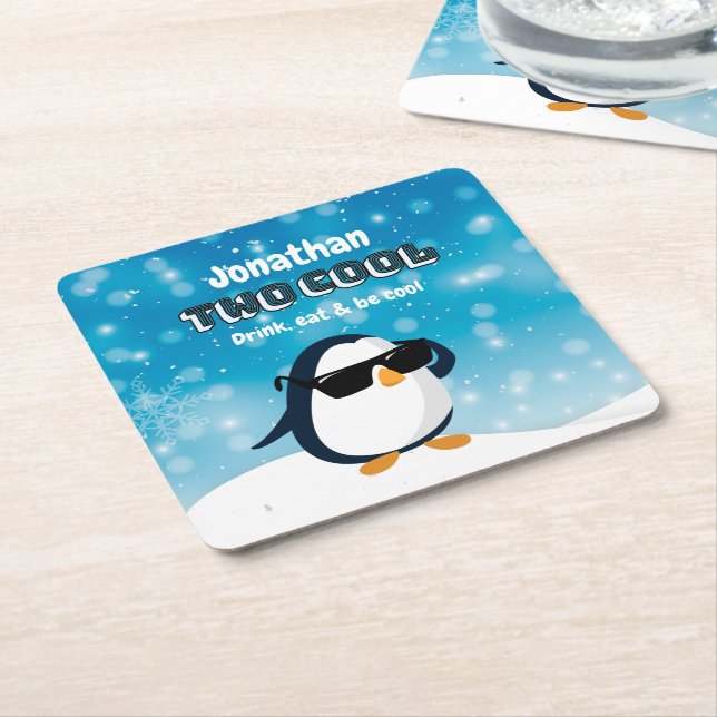 Porta-copo De Papel Quadrado 2nd Birthday Two Cool Penguin Boy (Inclinado)