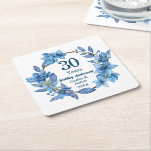 Porta-copo De Papel Quadrado 30º Aniversário de Casamento Pérola Floral Azul