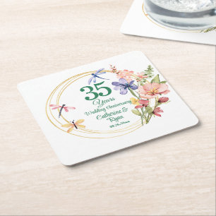 Porta-copo De Papel Quadrado 35º Quadro de Ouro de Bodas de Coral Floral