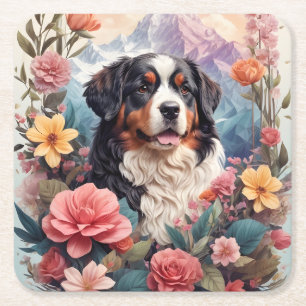 Porta-copo De Papel Quadrado 3D Fantasia Floral Bernese Mountain Dog Birds Ver