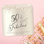 Porta-copo De Papel Quadrado 50ª Festa de aniversário de brilho Dourada<br><div class="desc">Elegante e chic personalizaram a 50ª porta copos com "50 & Fabuloso" em um script de na moda contra um fundo de folha falsa de ouro,  com gotas de brilho dourado. Você pode personalizar com seu nome e data da festa.</div>