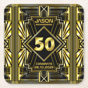 Porta-copo De Papel Quadrado 50º aniversário Art Deco Dourado Excelente negro