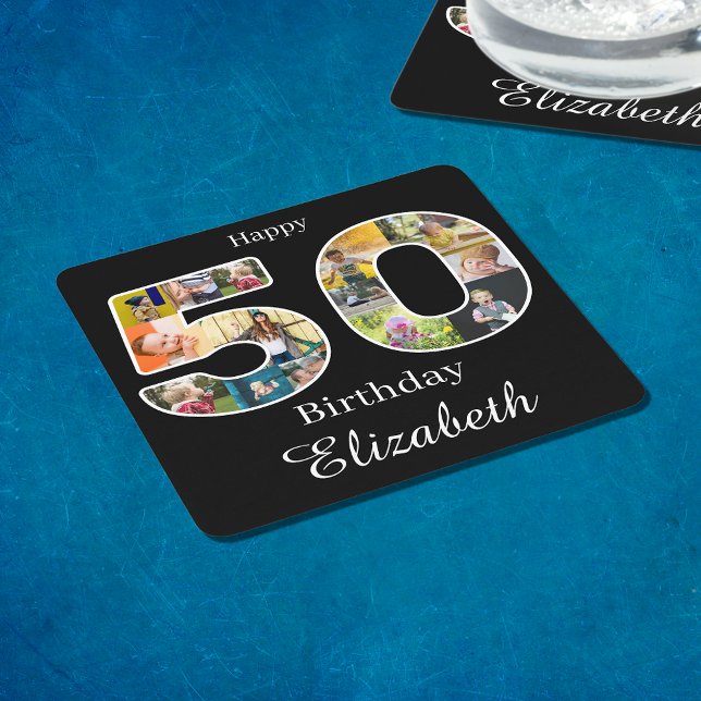 Porta-copo De Papel Quadrado 50º aniversário Crie sua própria multifoto (Personalized 50th birthday party drinks coasters with photo collage.)