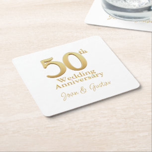 Porta-copo De Papel Quadrado 50º aniversário de casamento Dourado   Branca