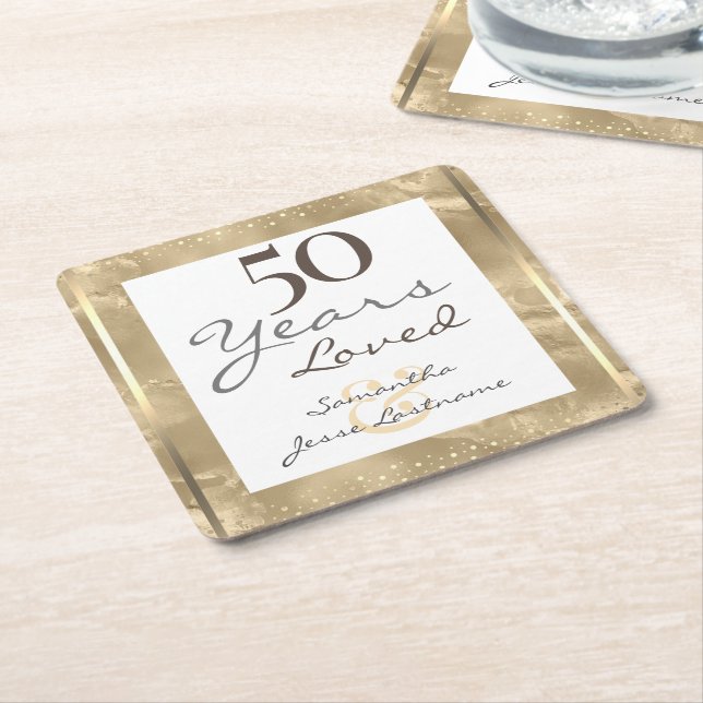 Porta-copo De Papel Quadrado 50º aniversário de casamento Elegante Dourado (Inclinado)