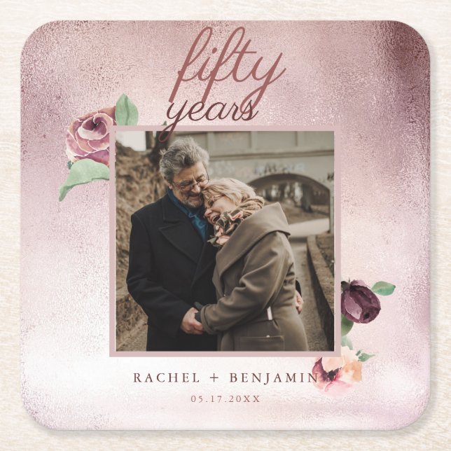 Porta-copo De Papel Quadrado 50 anos de Rosa de casamento (Frente)