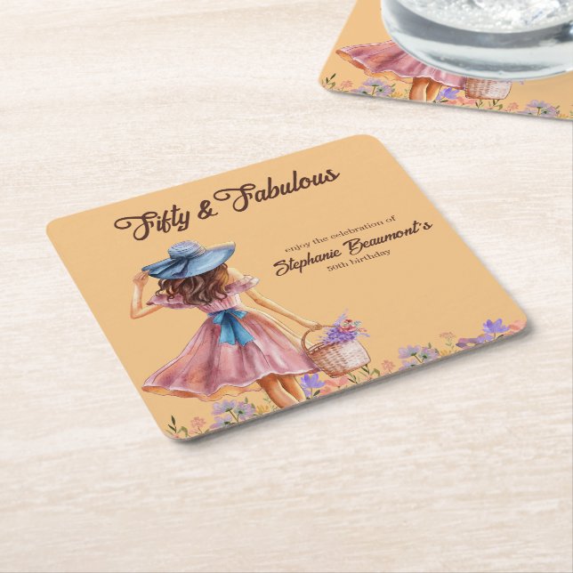 Porta-copo De Papel Quadrado 50 e Fabuloso Aniversário da Mulher Elegante (Inclinado)