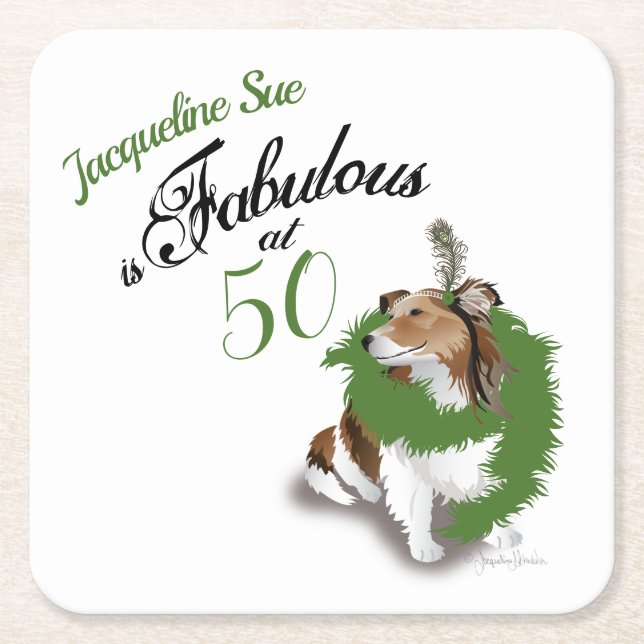 Porta-copo De Papel Quadrado 50 e Fabuloso aniversário Sheltie Dog Green (Frente)
