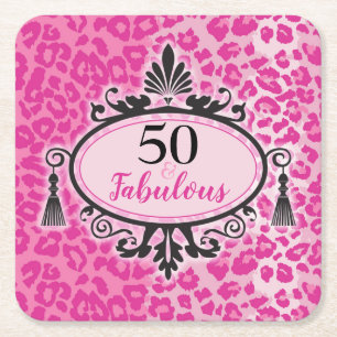 Porta-copo De Papel Quadrado 50 e Fabuloso Leopardo Rosa 50º Aniversário Nápole