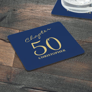 Porta-copo De Papel Quadrado 50.o aniversário Azul, Dourado Capítulo 50