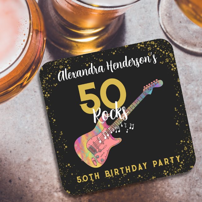 Porta-copo De Papel Quadrado 50 Rochas Pretas Douradas 50ª Festa de aniversário (50 Rocks cool pink black and gold rock and roll 50th birthday party custom paper coaster)