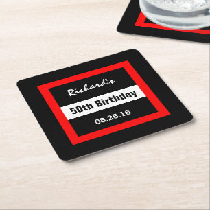 Porta-copo De Papel Quadrado 50th Preto do aniversário com quadro vermelho Z50