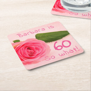 Porta-copo De Papel Quadrado 60º Aniversário - Nome Personalizado Rosa Rosa M
