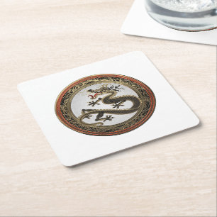 Porta-copo De Papel Quadrado [600] Dragão Oriental Dourado e negro