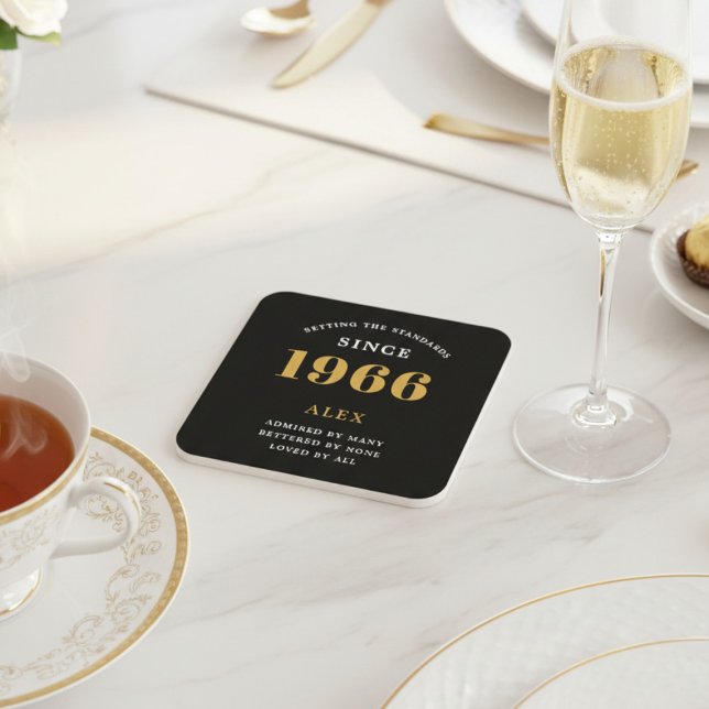 Porta-copo De Papel Quadrado 60th Birthday Name 1966 Year Black Gold Custom (1966 coaster. White background.)