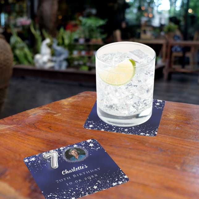 Porta-copo De Papel Quadrado 70 aniversário marinho azul estrela prateada (Criador carregado)