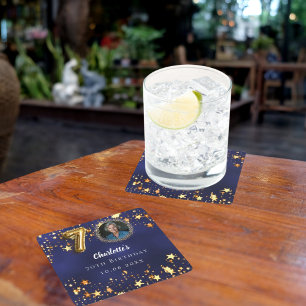 Porta-copo De Papel Quadrado 70 aniversário marinho estrelas douradas azuis