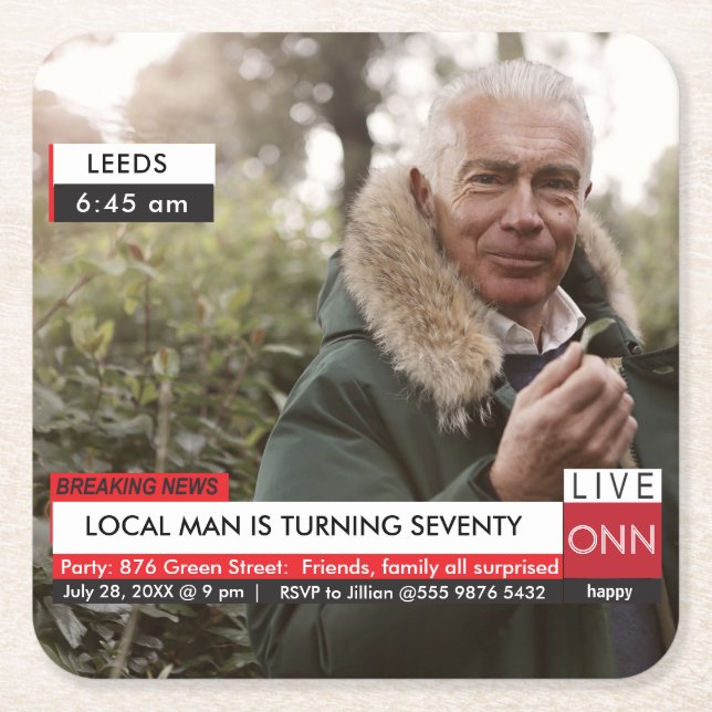 Porta-copo De Papel Quadrado 70 Birthday Men's 🎉 Engraçado TV News Falso Media (Frente)