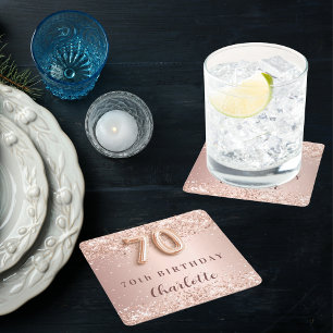Porta-copo De Papel Quadrado 70 de aniversário rosa douroublush name