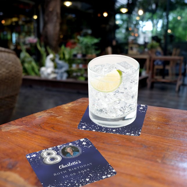 Porta-copo De Papel Quadrado 80 aniversário marinho azul estrela prateada (Criador carregado)