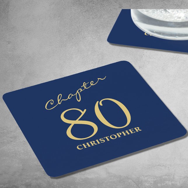 Porta-copo De Papel Quadrado 80 Birthday Blue Dourado Capítulo 80 (Personalized 80th birthday paper coasters in blue and gold.)
