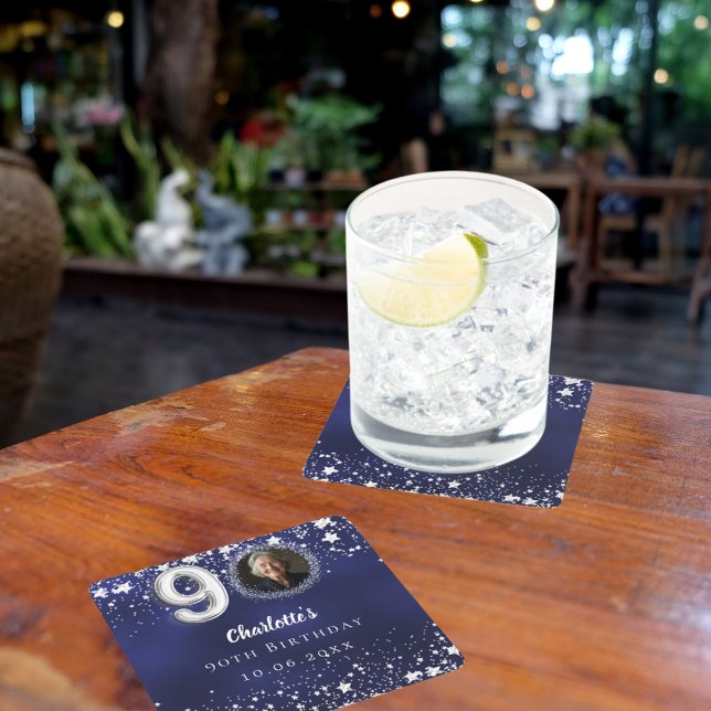 Porta-copo De Papel Quadrado 90 aniversário marinho azul estrela prateada (Criador carregado)